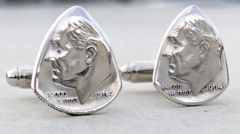 1964 US 90% Silver Dime Cufflinks 5 Coin Guitar Pick, Coin Guitar Picks