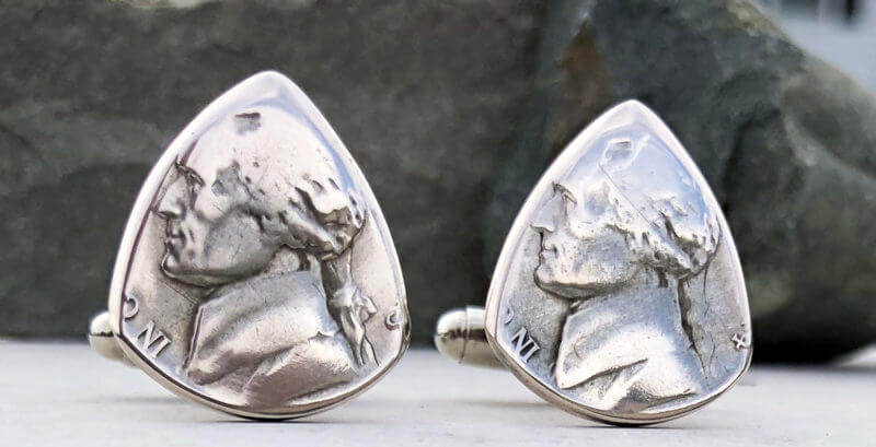 War Nickel 35% Silver Cufflink 1 Coin Guitar Pick, Coin Guitar Picks