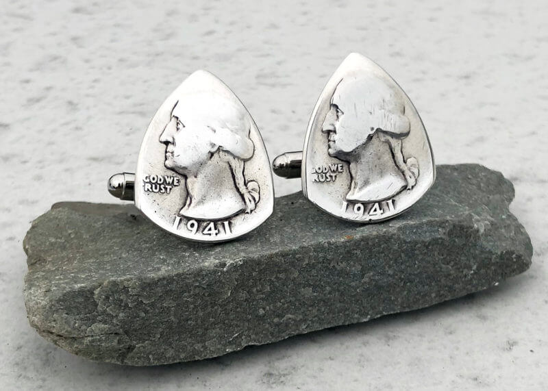 90% Silver US Washington Quarter Cuff Links 1 Coin Guitar Pick, Coin Guitar Picks