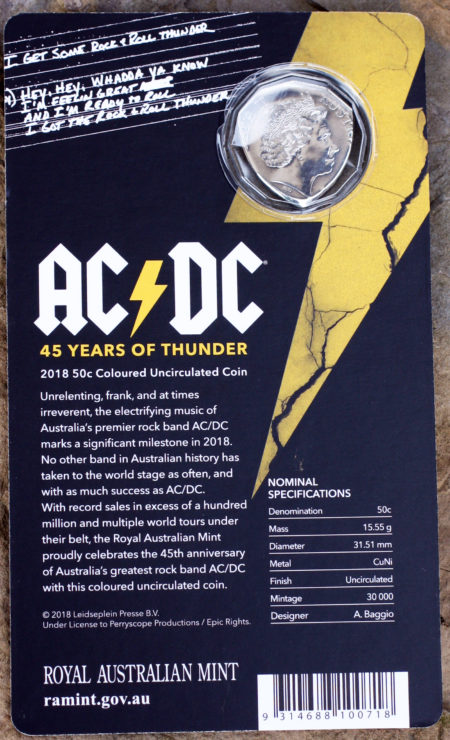 AC/DC 45 Years of Thunder (2018) UK 50 Cents Coin Guitar Pick, Coin Guitar Picks Packaging